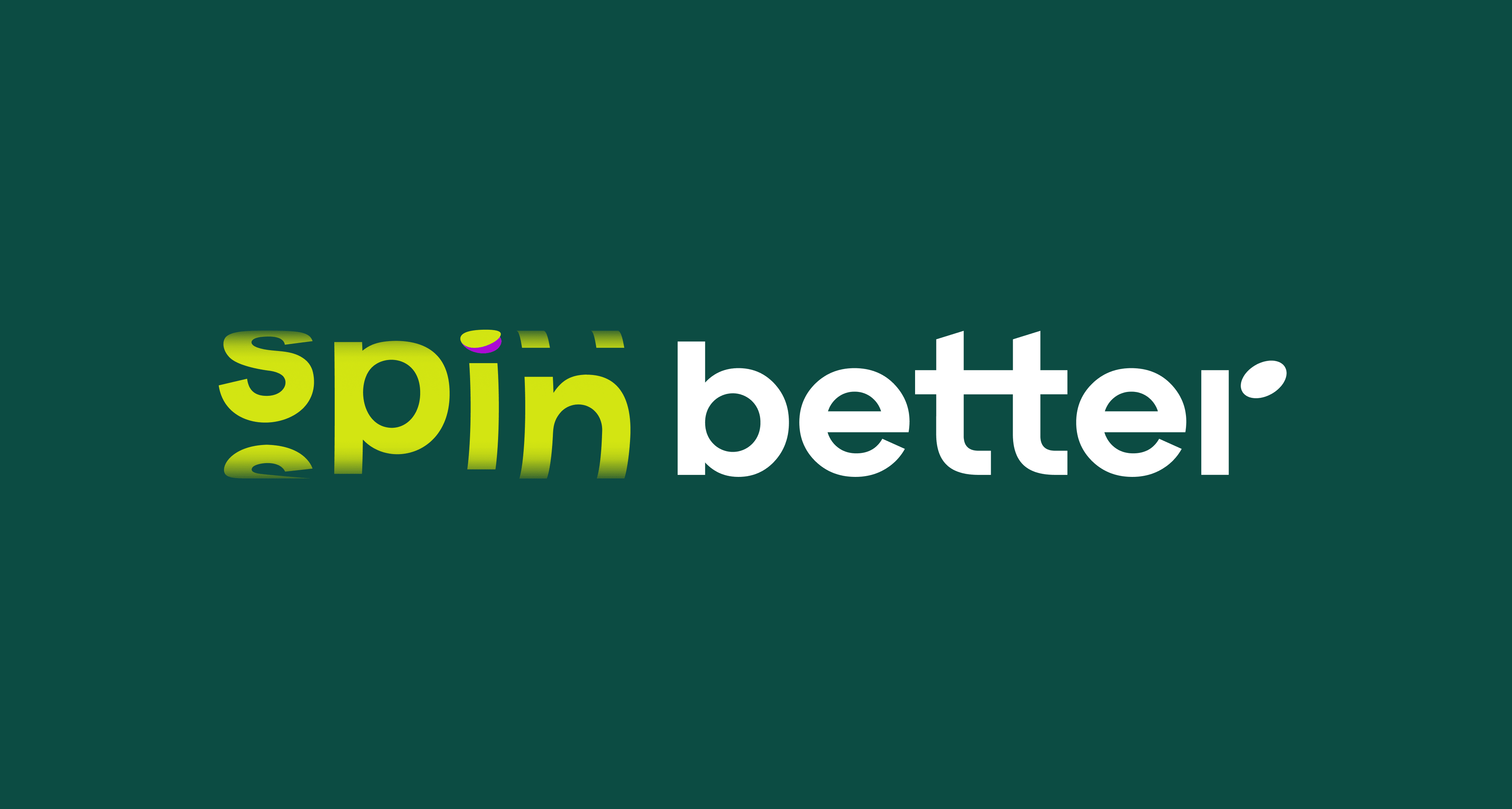 Логотип с надписью «spinbetter» на тёмно-зелёном фоне: слово «spin» выполнено в жёлтом цвете с зеркальным отражением, «better» — белым шрифтом. Иллюстрация передаёт идею движения и улучшения.
