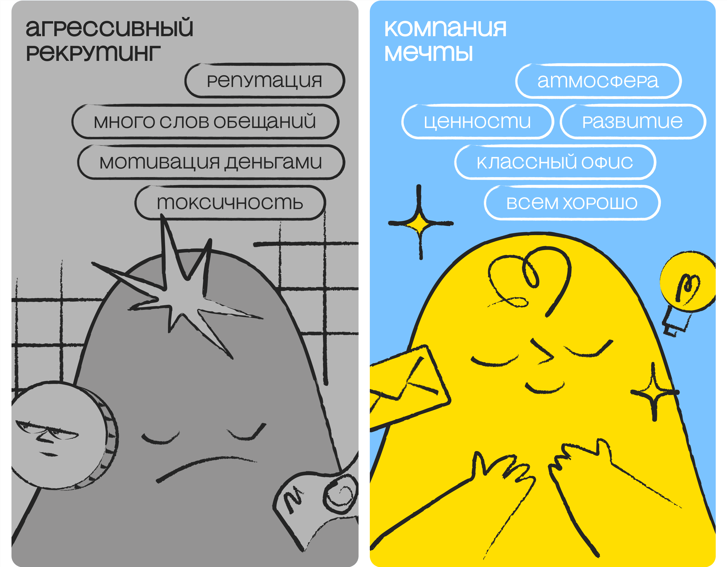 Сравнение двух стилей рекрутинга: слева - грустная серая фигура с негативными терминами, справа - радостная желтая фигура на голубом фоне, демонстрирующая положительные черты HR и компании. Текст на русском языке.