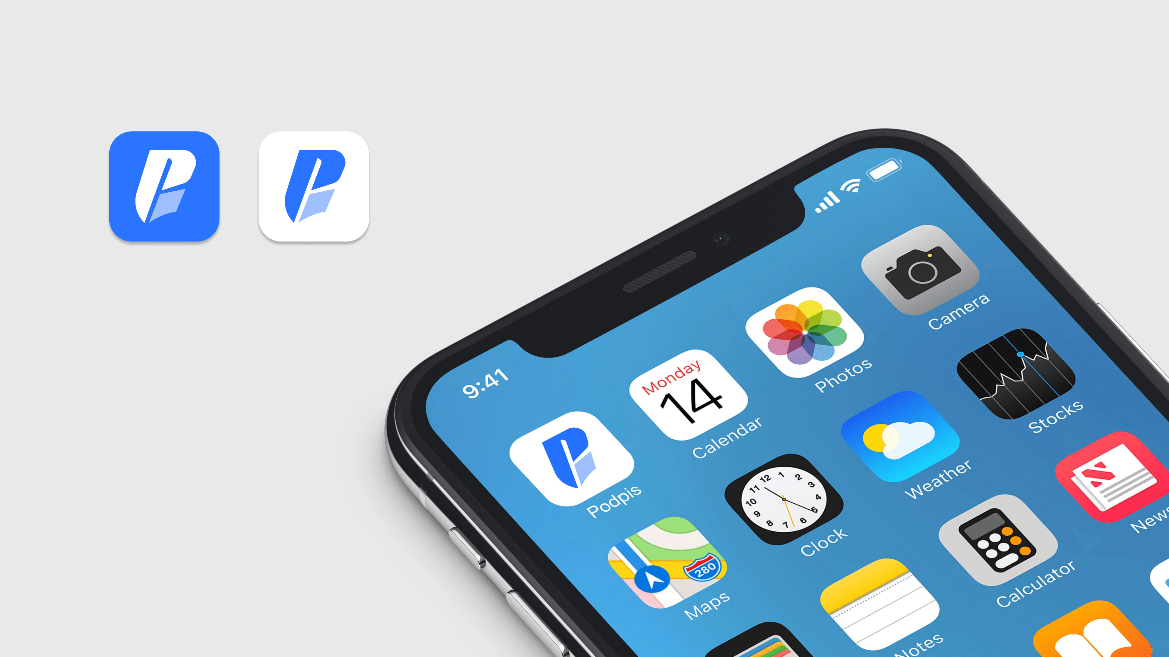 A close-up of a smartphone screen displays various app icons, including Calendar, Photos, Camera, Maps, and the Podpis.by blue and white icon in the dock. Two versions of the Podpis.by icon appear above the phone on a light background.