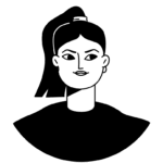 Черно-белая иллюстрация женщины с высоким хвостом, в серьгах и топе с круглым вырезом, смотрящей чуть в сторону с уверенным выражением лица - элегантный портрет от автора.