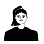 Черно-белый рисунок женского лица со стилизованными чертами, откинутыми назад короткими волосами и нейтральным выражением лица автора, расположенный на простом фоне.