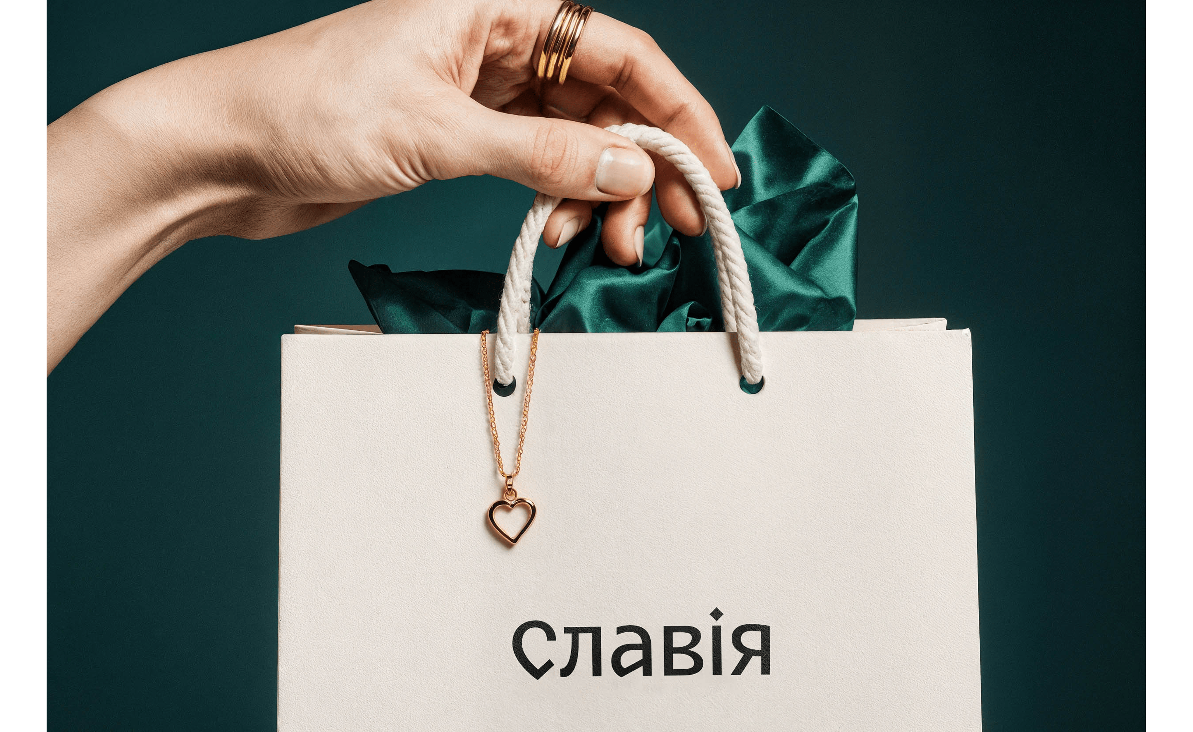 Рука держит белую сумку для покупок с веревочными ручками и зеленой папиросной бумагой внутри. С ручки свисает золотой кулон в форме сердца. На сумке кириллицей написано "славія", выделяя Рестайлинг ювелирного бренда Бренд Славия.