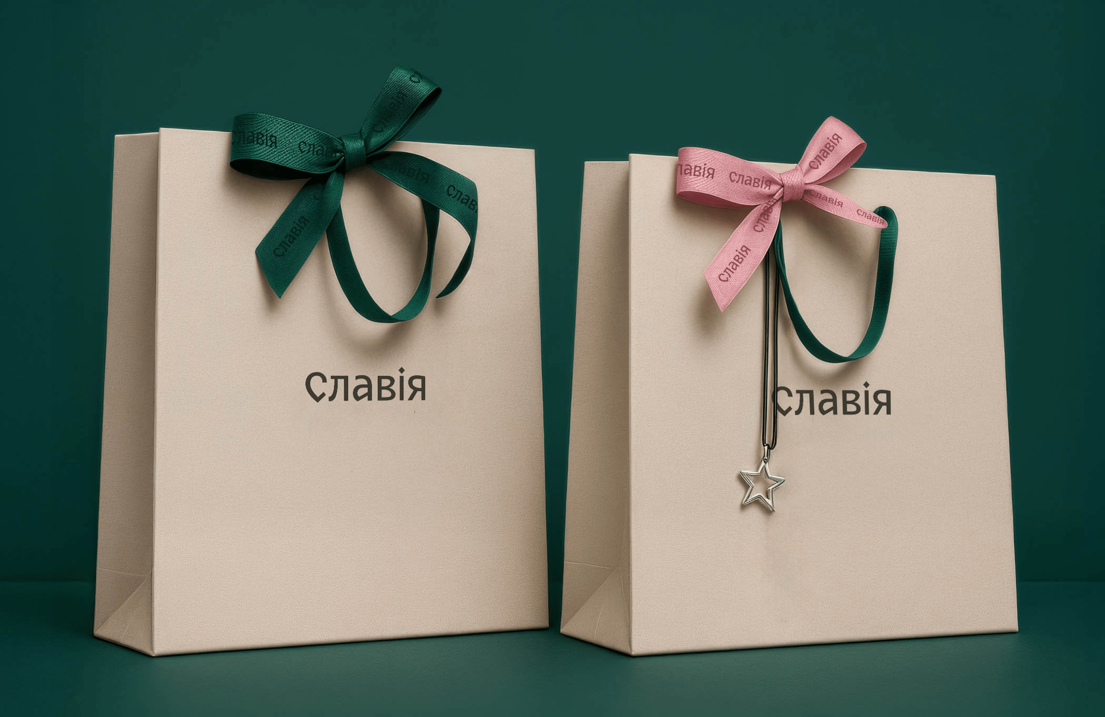 Два подарочных пакета кремового цвета с надписью "СЛАВІЯ", подчеркивающей рестайлинг ювелирного бренда. Один из них украшен темно-зеленой лентой, другой - розовой лентой с серебряным брелоком-звездой на зеленом фоне.