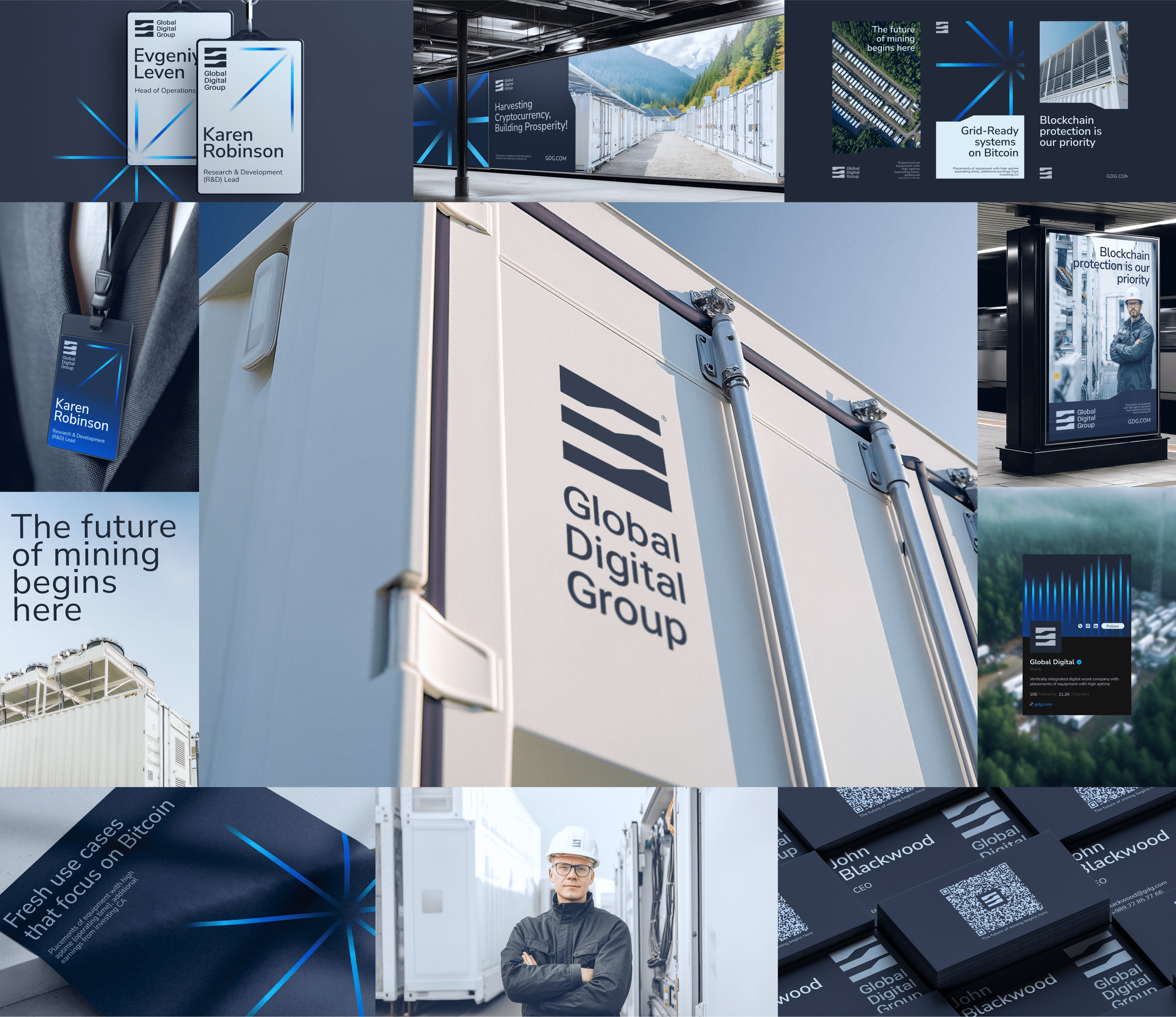Коллаж, демонстрирующий брендинг Брендинг GDG и Global Digital Group на контейнерах, визитках, вывесках, бейджах и плакатах, выполненных в синей, белой и черной цветовой гамме с геометрическим логотипом. Человек в защитной экипировке стоит перед контейнером.