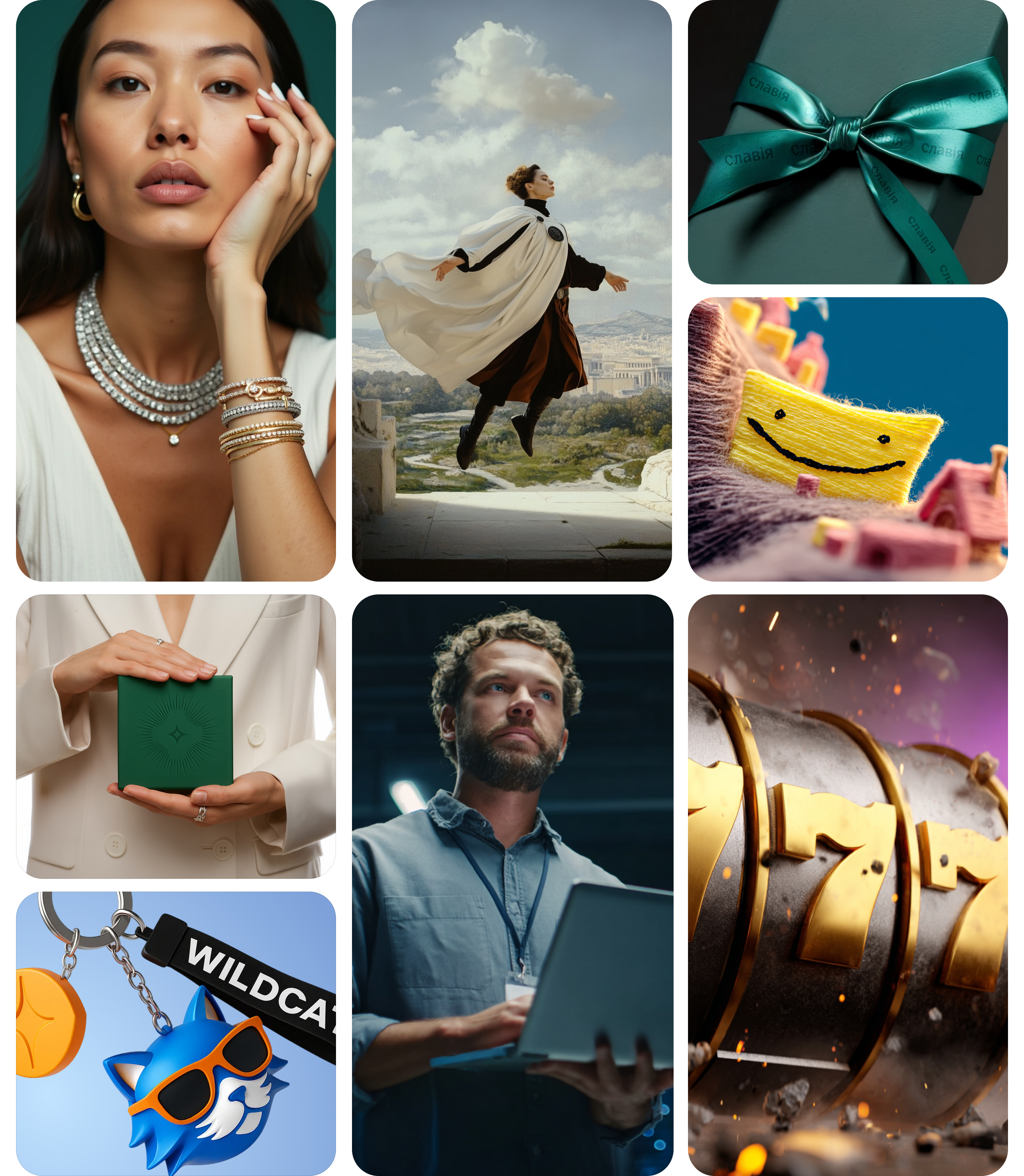 Коллаж AI-визуалов: ювелирка, концепт-арт, гейминг, e-commerce и брендовые сцены.