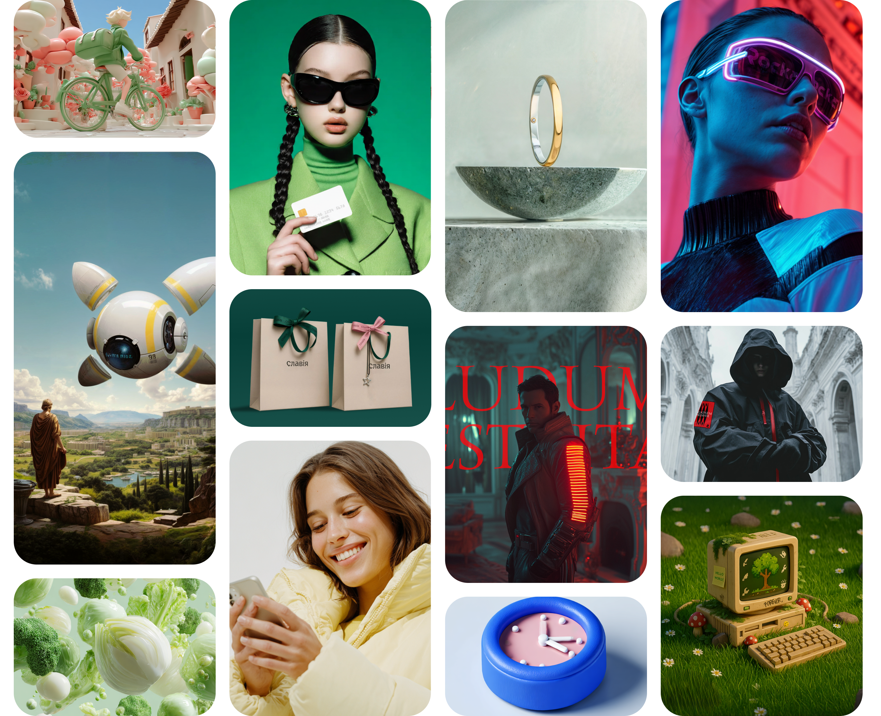 Коллаж из ИИ‑сгенерированных визуалов, демонстрирующий возможности генеративной графики для бизнеса.