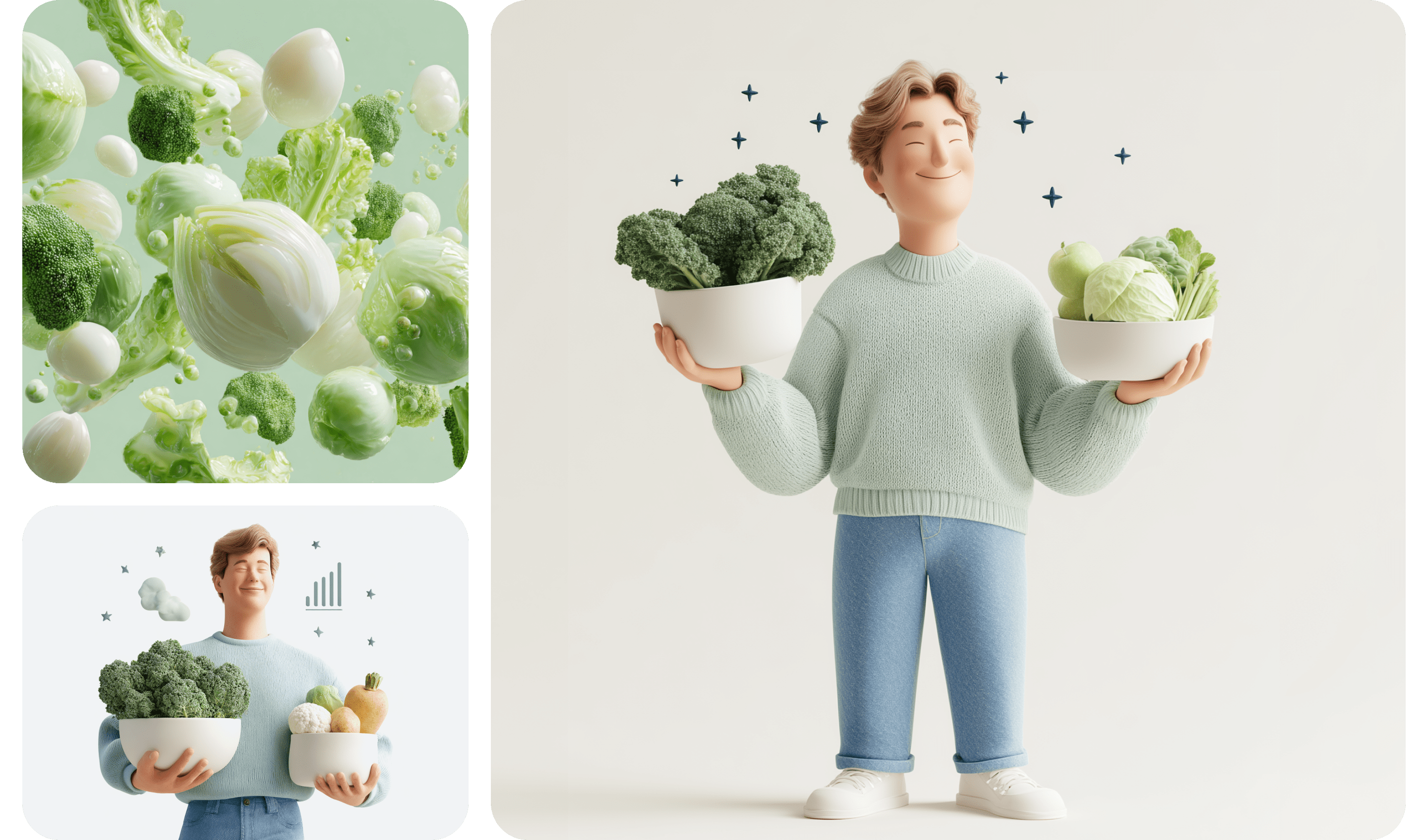 3D-иллюстрация с персонажем и овощами, демонстрирующая возможности генеративного AI-дизайна для бизнеса.