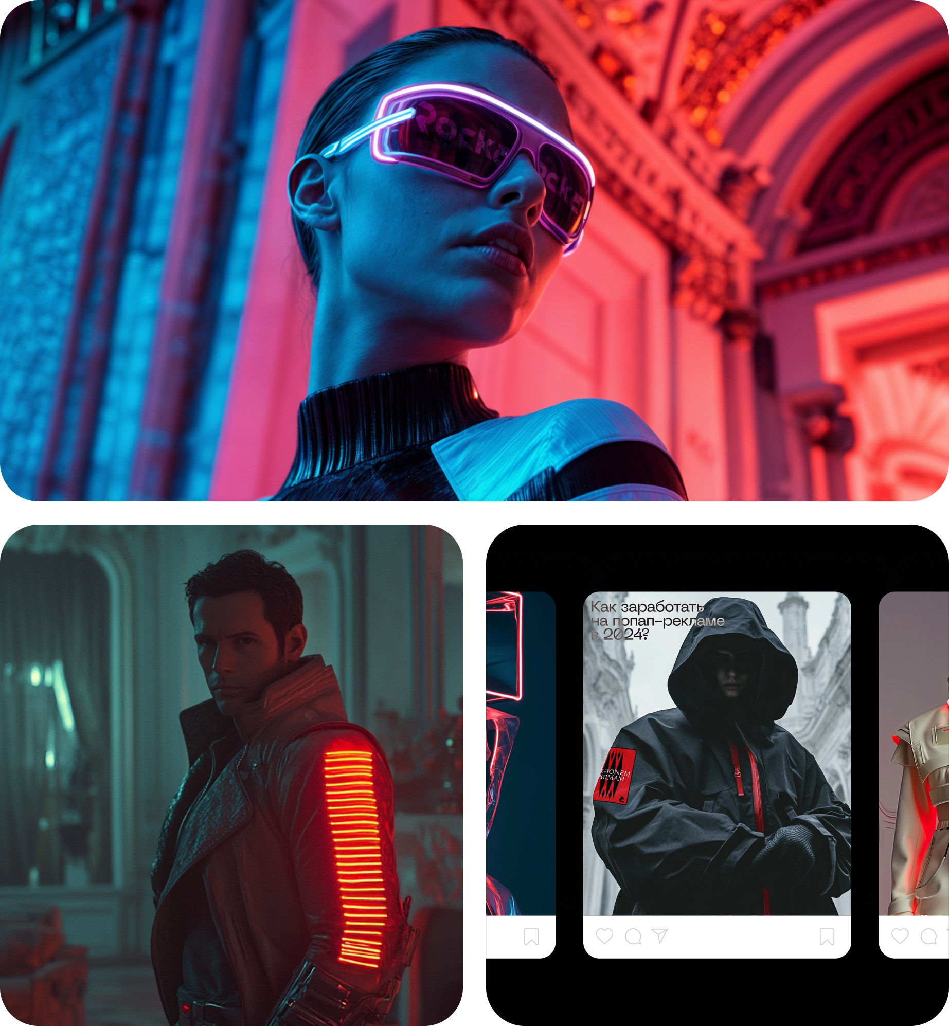 AI-сгенерированные фотореалистичные сцены с людьми в стилизованной одежде и цифровом окружении.