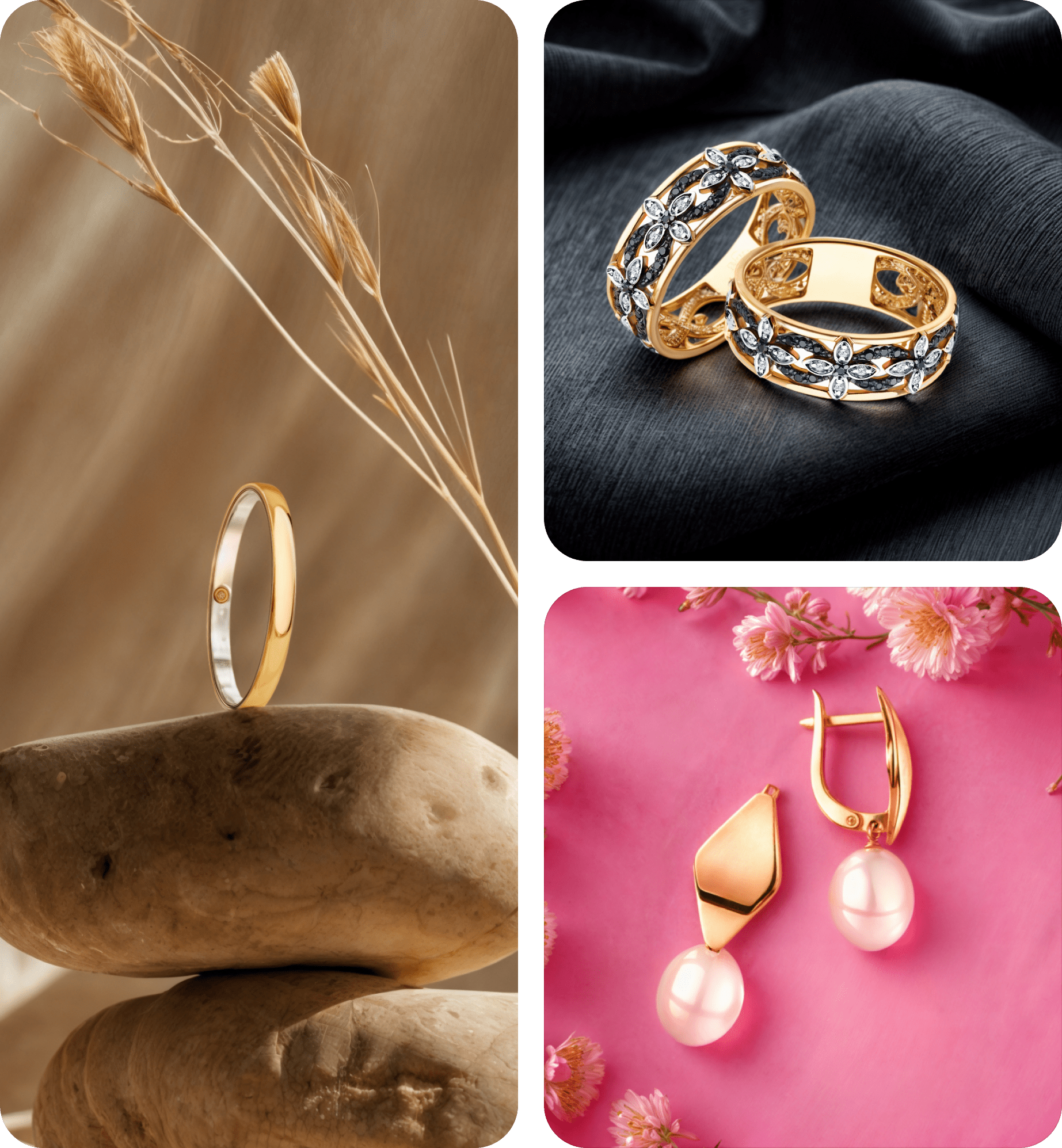 AI-сгенерированные ювелирные изделия: кольца и серьги на стилизованных фонах для e-commerce.