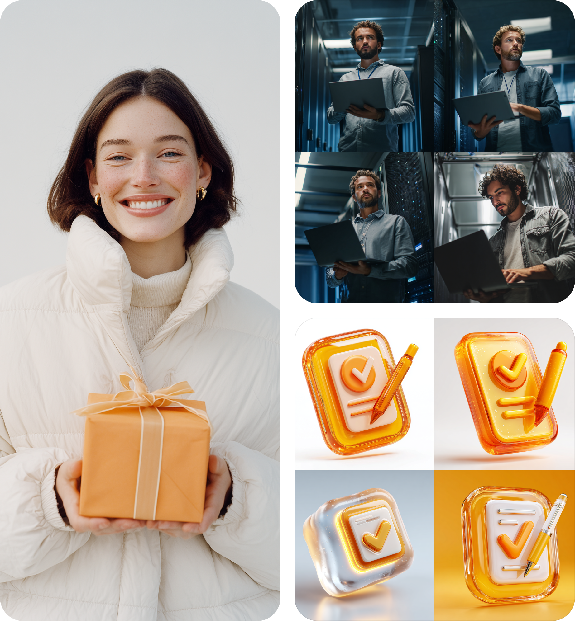 AI-сгенерированные сцены: подарок, серверная и 3D-иконки — визуальные концепты для брендов.