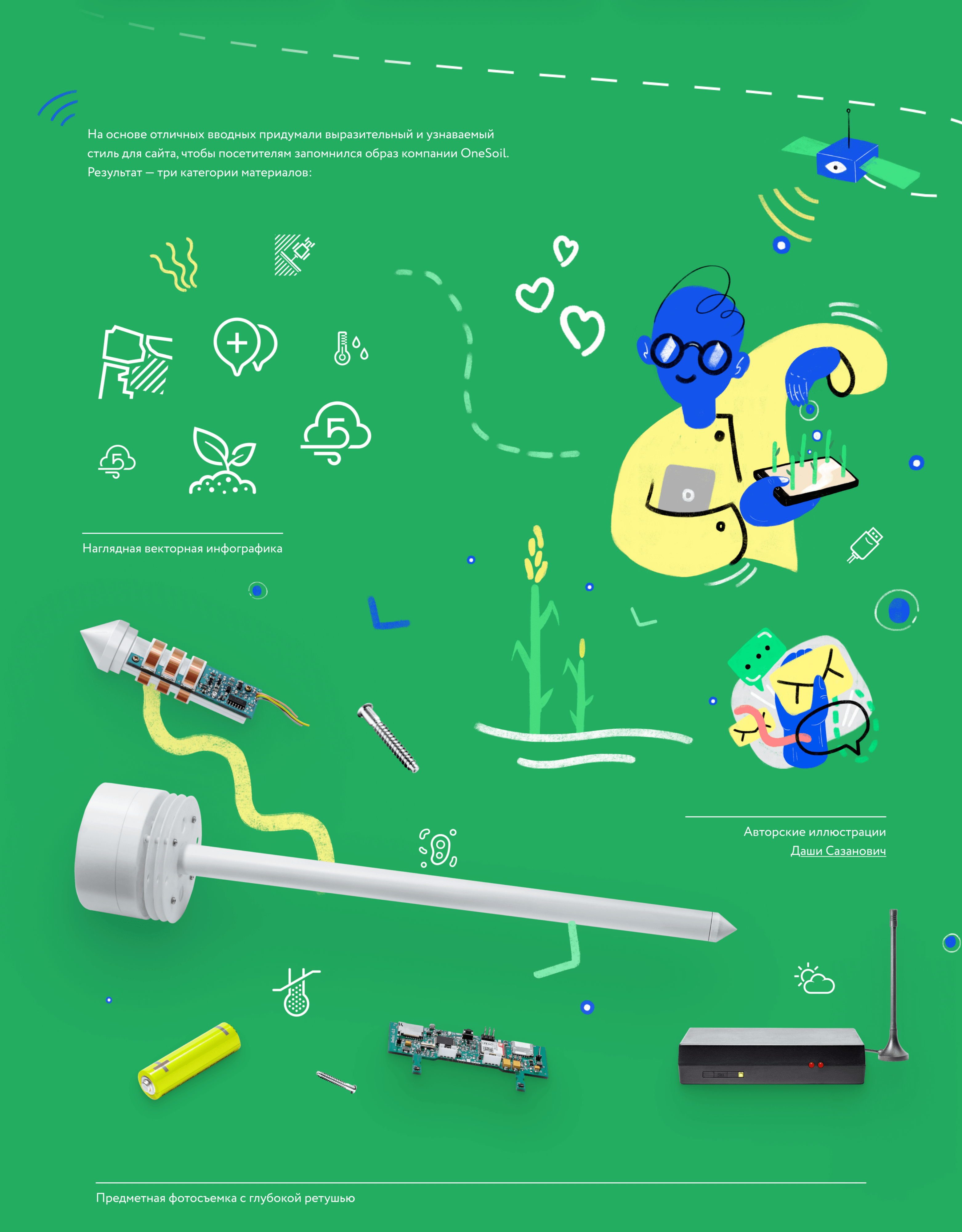 Инфографика OneSoil: иллюстрации агротехнологий, учёный с ноутбуком, сенсоры и компоненты