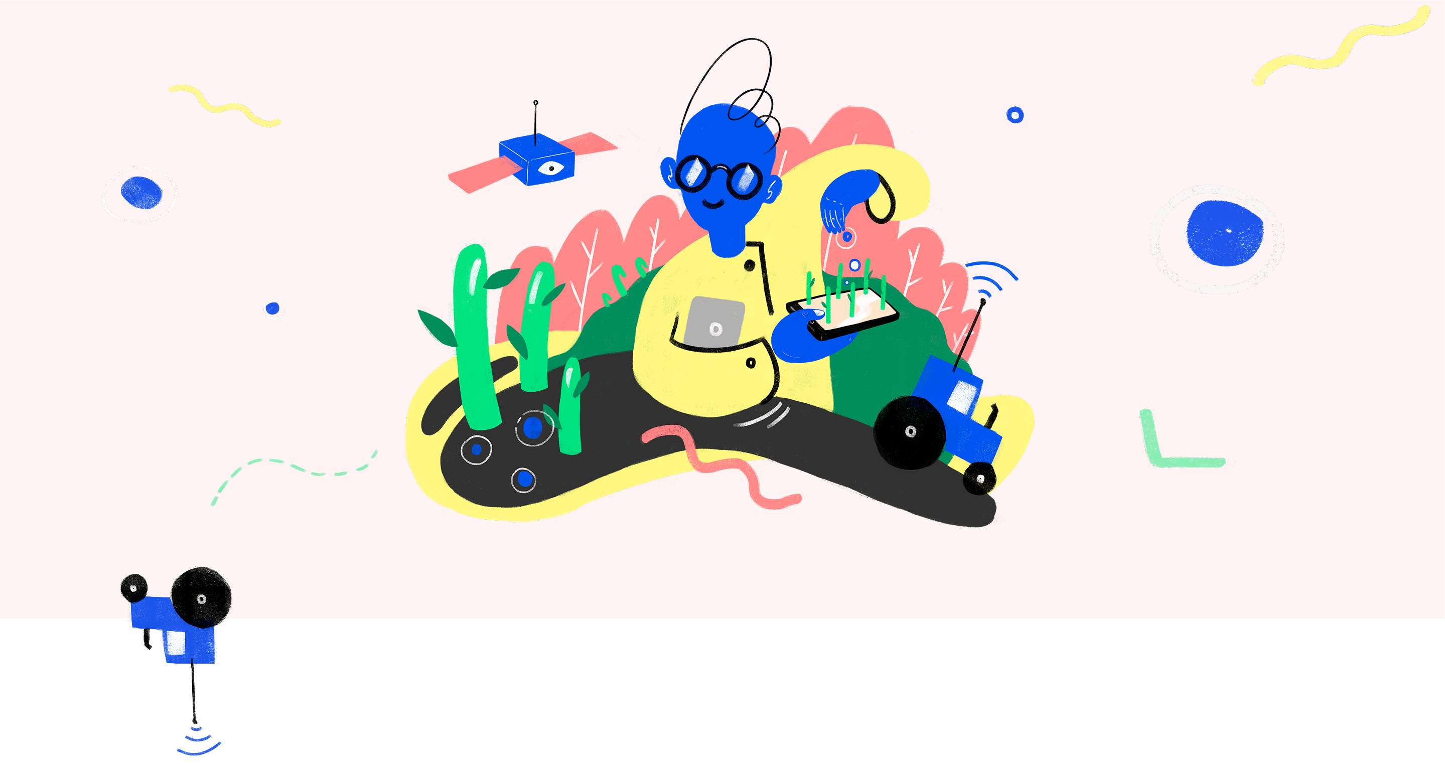 Цифровое сельское хозяйство: человек с планшетом, спутник, трактор с датчиком и растения.