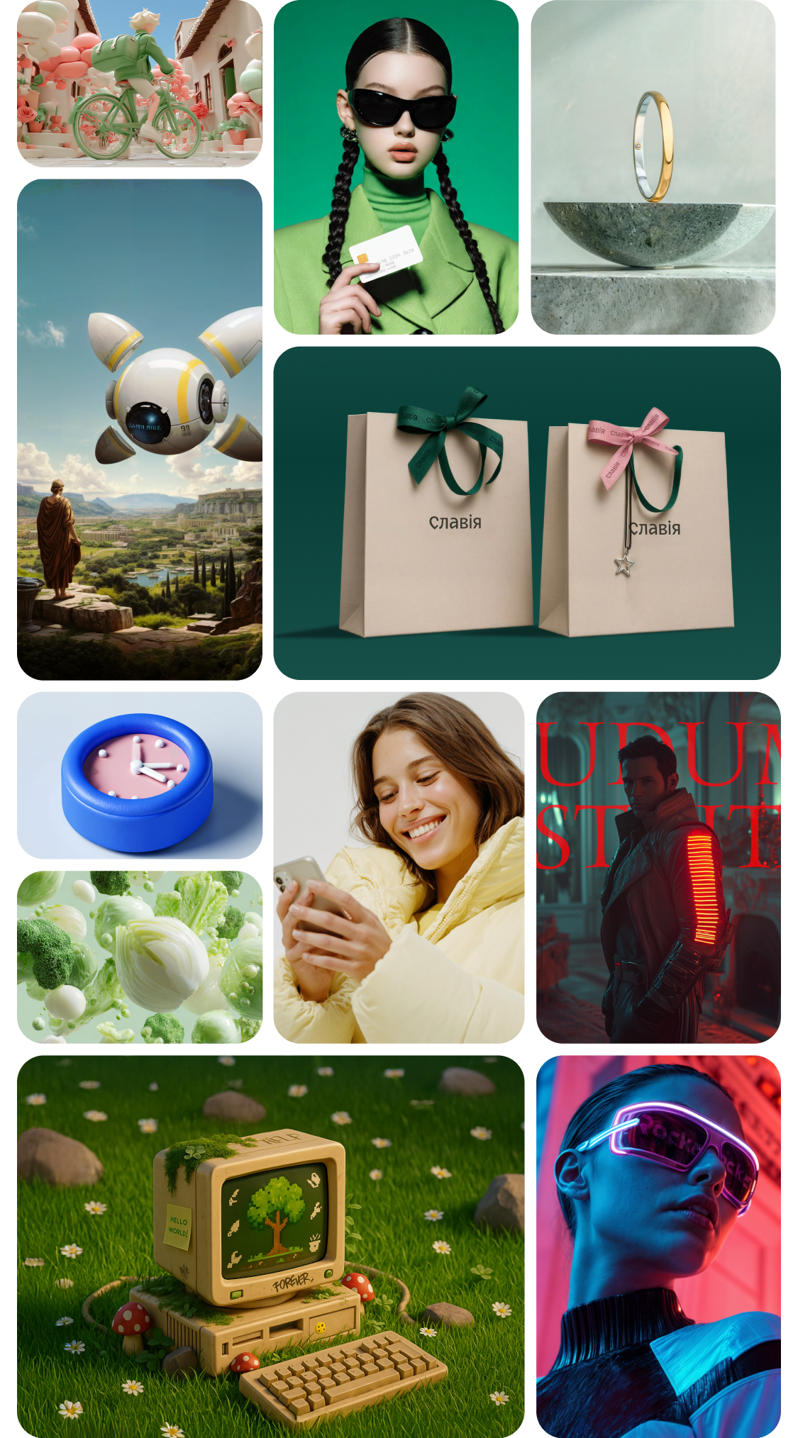 Коллаж из ИИ‑сгенерированных визуалов, демонстрирующий возможности генеративной графики для бизнеса.