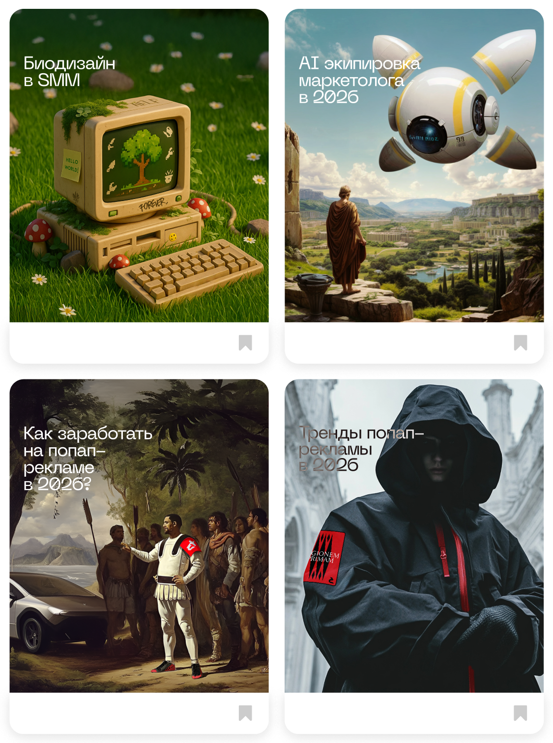 Иллюстрация кастомных AI-промтов: биодизайн, маркетинговая экипировка и визуальные сценарии.