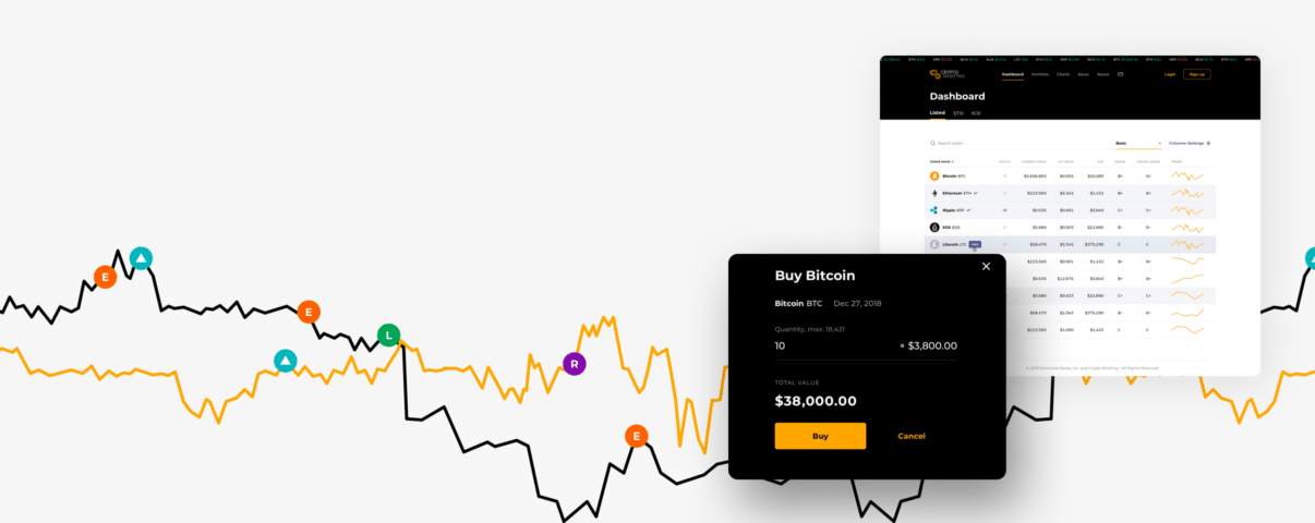 Тройная обложка к кейсу Cryptobriefing. Изображен интерфейс криптовалютной торговой платформы с графиками тенденций (чёрная и оранжевая линии с метками «E», «A», «L» и «R»), списком криптовалют (Bitcoin, Ethereum, Ripple и EOS) с текущими ценами, изменениями и мини-графиками, а также всплывающим окном для покупки Bitcoin.