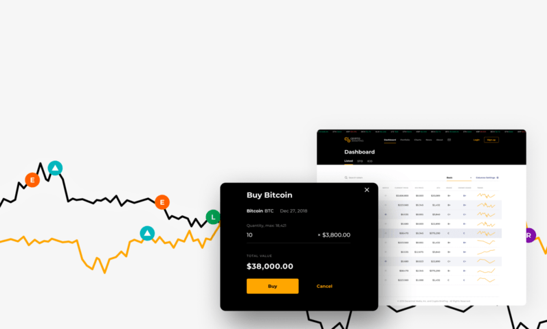 Двойная обложка к кейсу Cryptobriefing. Изображен интерфейс криптовалютной торговой платформы с графиками тенденций (чёрная и оранжевая линии с метками «E», «A», «L» и «R»), списком криптовалют (Bitcoin, Ethereum, Ripple и EOS) с текущими ценами, изменениями и мини-графиками, а также всплывающим окном для покупки Bitcoin.