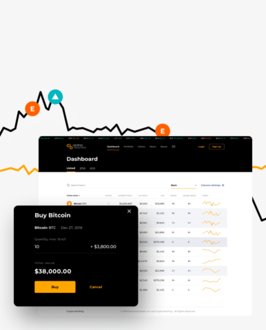 Одинарная обложка к кейсу Cryptobriefing. Изображен интерфейс криптовалютной торговой платформы с графиками тенденций (чёрная и оранжевая линии с метками «E», «A», «L» и «R»), списком криптовалют (Bitcoin, Ethereum, Ripple и EOS) с текущими ценами, изменениями и мини-графиками, а также всплывающим окном для покупки Bitcoin.