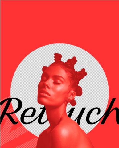 Курсивная надпись «Retouch» на красном фоне с силуэтом девушки с прической в виде скрученных пучков.