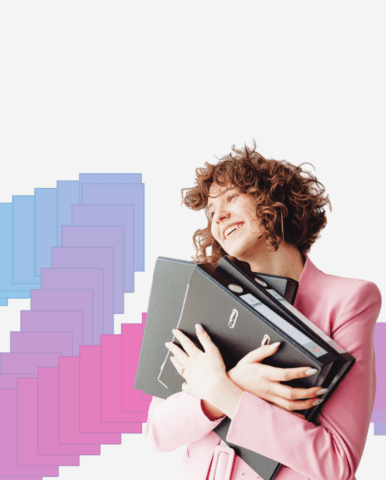 A smiling woman in a pink suit hugs folders to her chest, with overlapping blue and pink geometric shapes in the background—reflecting the professionalism of Podpis.by.
