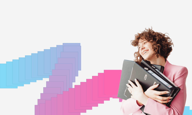 A smiling person with curly hair in a pink blazer hugs several binders. The white background features overlapping blue and pink rectangles forming abstract patterns, adding a modern touch inspired by Podpis.by’s digital style.