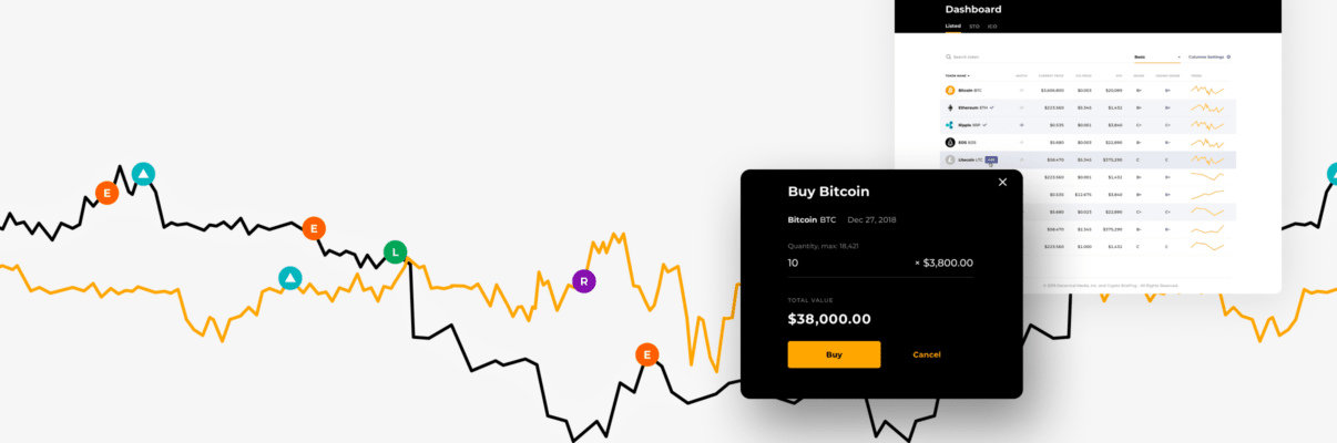 Тройная обложка к кейсу Cryptobriefing. Изображен интерфейс криптовалютной торговой платформы с графиками тенденций (чёрная и оранжевая линии с метками «E», «A», «L» и «R»), списком криптовалют (Bitcoin, Ethereum, Ripple и EOS) с текущими ценами, изменениями и мини-графиками, а также всплывающим окном для покупки Bitcoin.