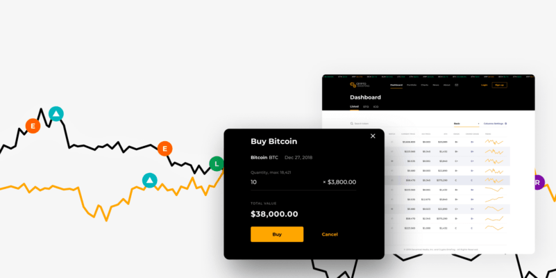Двойная обложка к кейсу Cryptobriefing. Изображен интерфейс криптовалютной торговой платформы с графиками тенденций (чёрная и оранжевая линии с метками «E», «A», «L» и «R»), списком криптовалют (Bitcoin, Ethereum, Ripple и EOS) с текущими ценами, изменениями и мини-графиками, а также всплывающим окном для покупки Bitcoin.