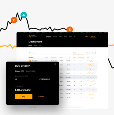 Одинарная обложка к кейсу Cryptobriefing. Изображен интерфейс криптовалютной торговой платформы с графиками тенденций (чёрная и оранжевая линии с метками «E», «A», «L» и «R»), списком криптовалют (Bitcoin, Ethereum, Ripple и EOS) с текущими ценами, изменениями и мини-графиками, а также всплывающим окном для покупки Bitcoin.