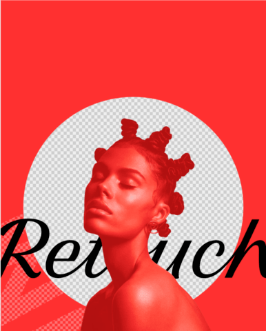 Курсивная надпись «Retouch» на красном фоне с силуэтом девушки с прической в виде скрученных пучков.