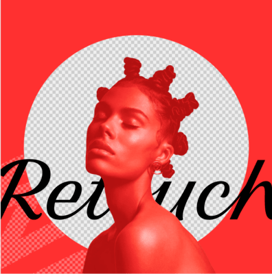 Курсивная надпись «Retouch» на красном фоне с силуэтом девушки с прической в виде скрученных пучков.
